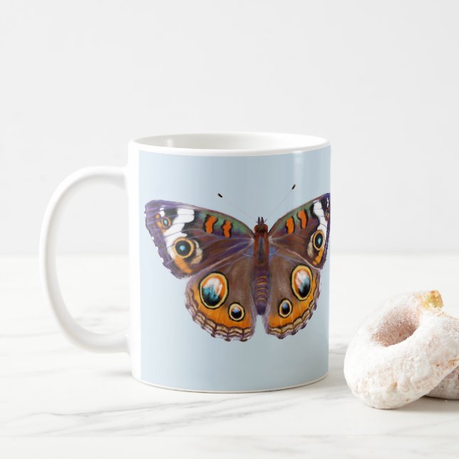 Blue Common Buckeye Butterfly Realistic Painting Coffee Mug (With Donut)