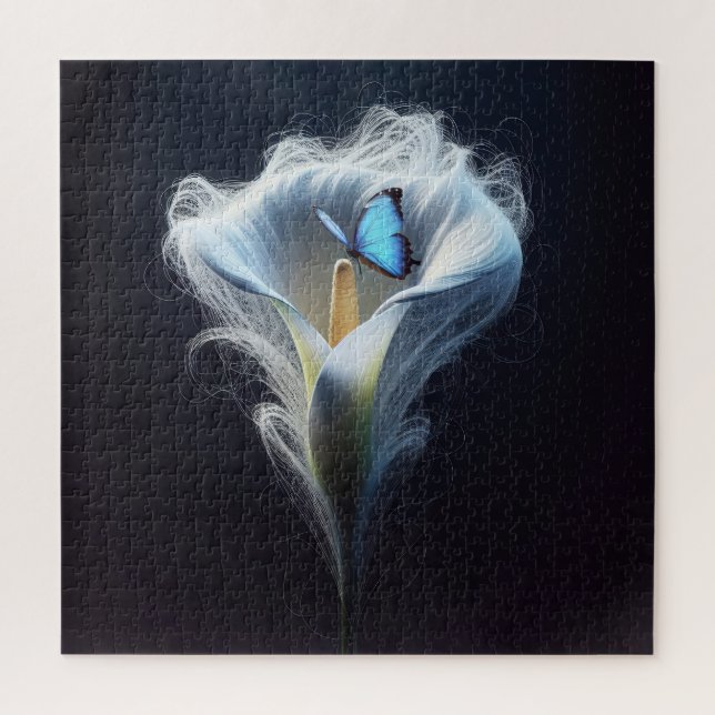 Blue Common Morpho Butterfly In Lily Jigsaw Puzzle (Vertical)