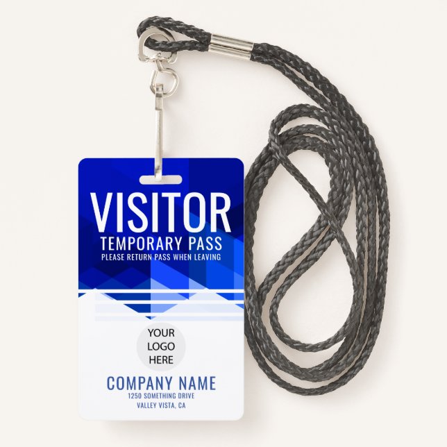 Blue Company Logo Visitor Pass ID ID Badge (Front with Lanyard)