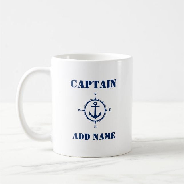 Blue Compass Anchor Captain Add Name or Boat Name Coffee Mug (Left)
