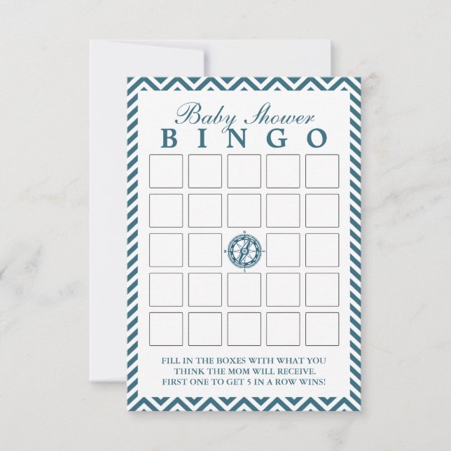 Blue Compass Chevron Baby Shower Bingo Cards (Front)
