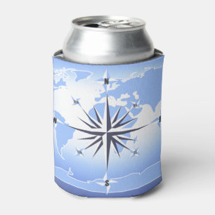 Blue Compass Rose World Map Can Cooler