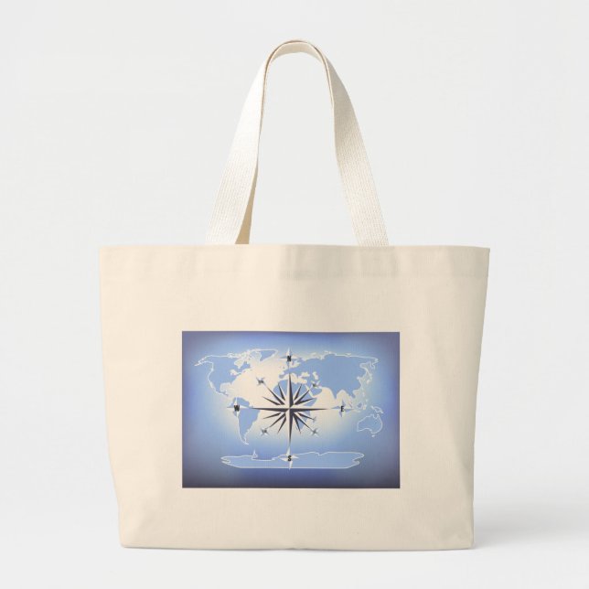 Blue Compass Rose World Map Canvas Tote Bag (Front)