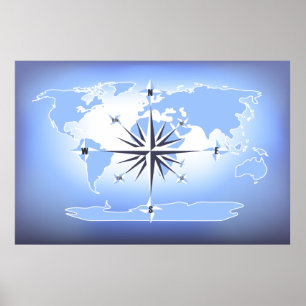 Blue Compass Rose World Map Poster