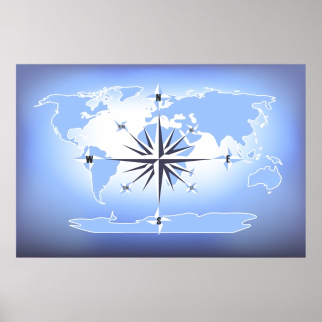 Blue Compass Rose World Map Poster (Front)