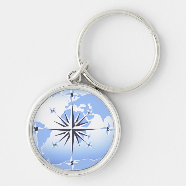 Blue Compass Rose World Map Premium Key Chain (Front)