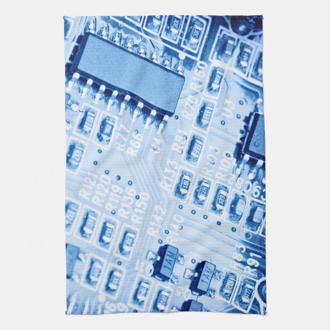 Blue computer motherboard pattern tea towel (Vertical)