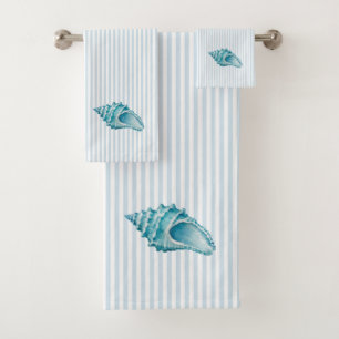 Blue Conch Shell Seashell Painting Blue Stripe Bath Towel Set