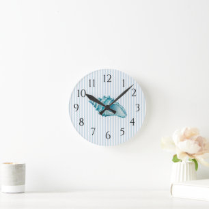 Blue Conch Shell Seashell Stripe Preppy Coastal Round Clock