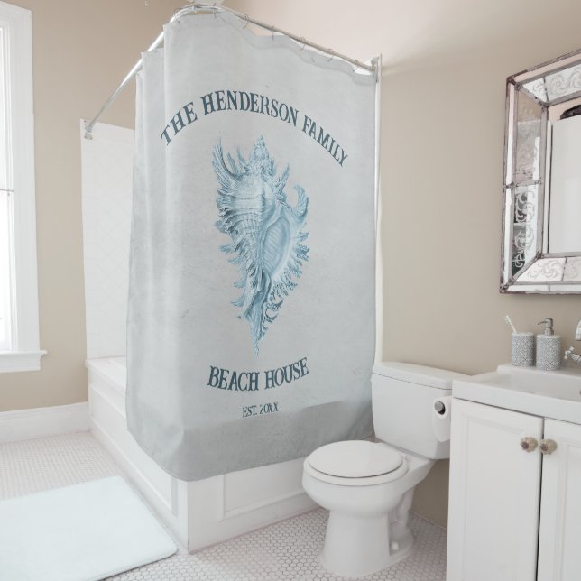 Blue Conch Shell Shower Curtain (In Situ)