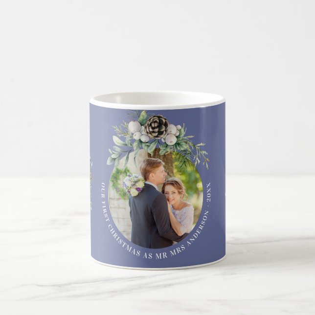 Blue cone newly weds 1st christmas photo coffee mug (Center)