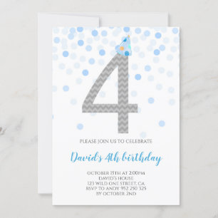 Blue Confetti Boy Party 4th Birthday Invitation