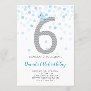 Blue Confetti Boy Party 6th Birthday Invitation