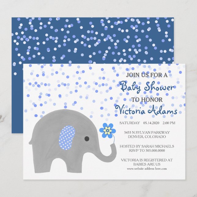Blue Confetti Elephant Baby Boy Shower Invitation (Front/Back)