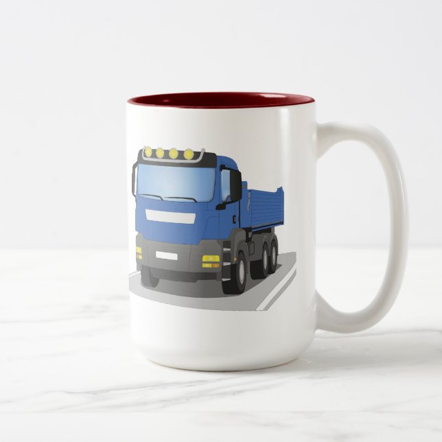 blue construction sites trucks Two-Tone coffee mug (Right)