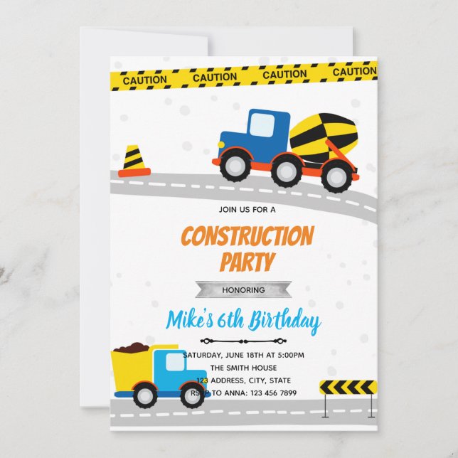 Blue construction transportation birthday invitation (Front)