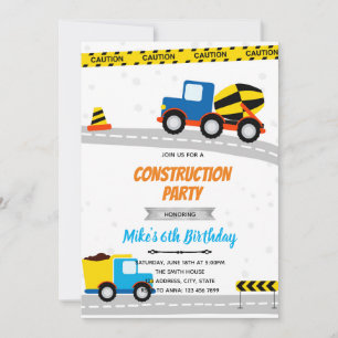 Blue construction transportation birthday invitation