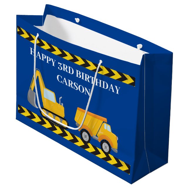 Blue Construction Truck Boys Custom Kids Birthday Large Gift Bag (Front Angled)