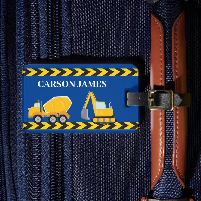 Blue Construction Truck Boys Personalised Kids Luggage Tag (Front Insitu 4)