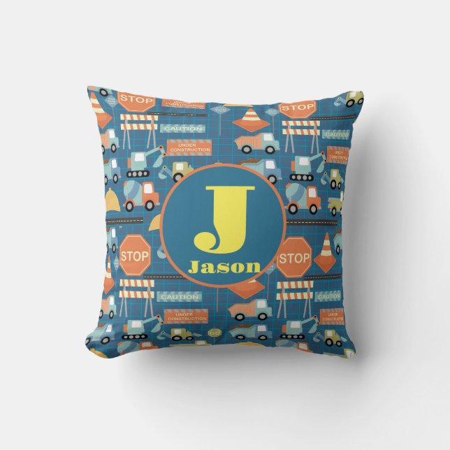 Blue construction truck toddler party gift  cushion (Front)