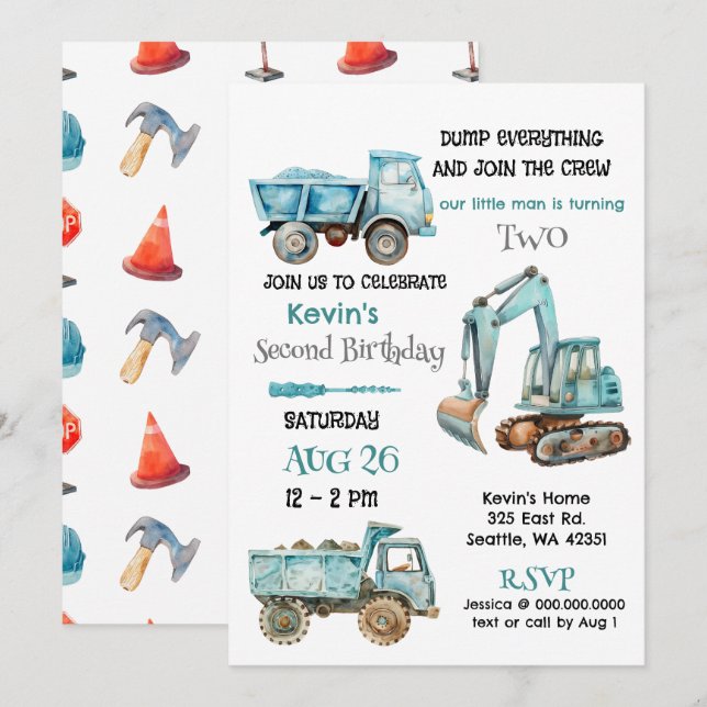 Blue Construction Trucks Boy Birthday Party Invitation (Front/Back)