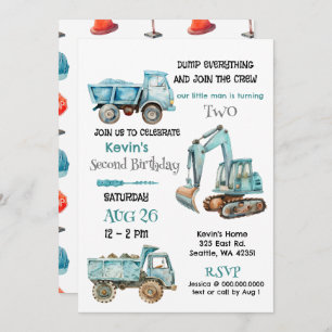 Blue Construction Trucks Boy Birthday Party Invitation