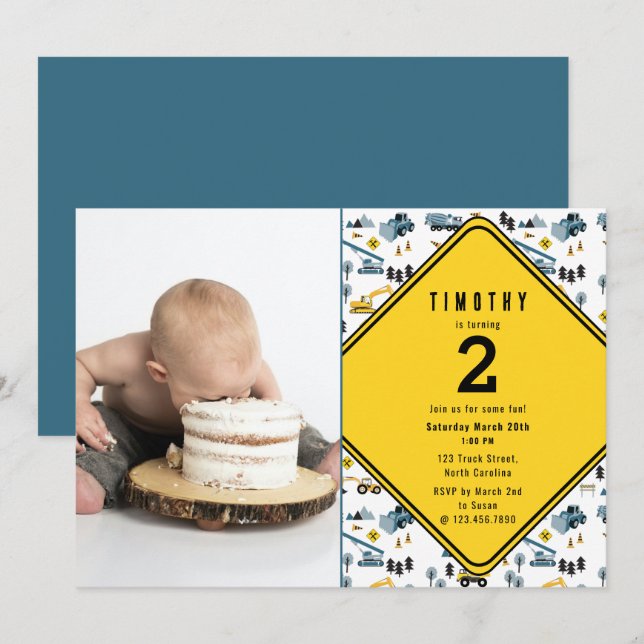 Blue Construction Trucks Site Photo Birthday Party Thank You Card (Front/Back)