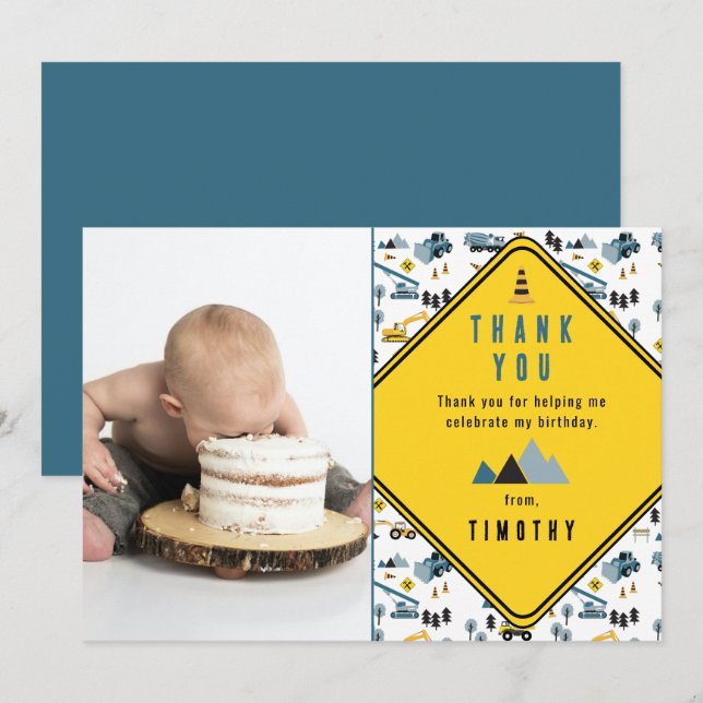 Blue Construction Trucks Site Photo Birthday Party Thank You Card (Front/Back)