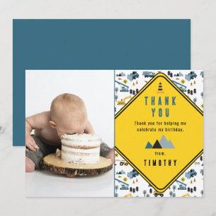 Blue Construction Trucks Site Photo Birthday Party Thank You Card