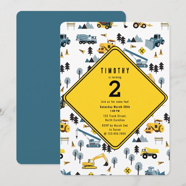 Blue Construction Trucks Site Theme Birthday Party Invitation (Front/Back)