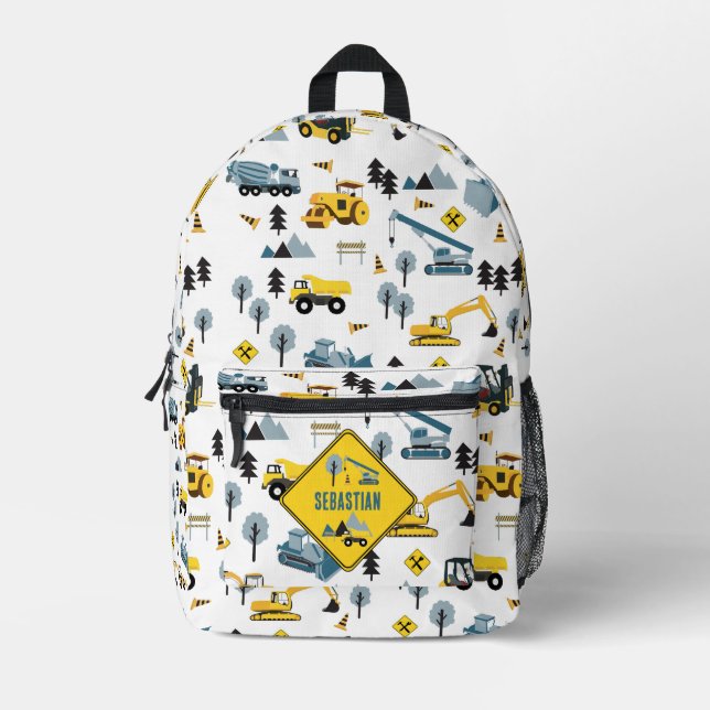 Blue Construction Trucks & Site Theme Boys Name Printed Backpack (Front)