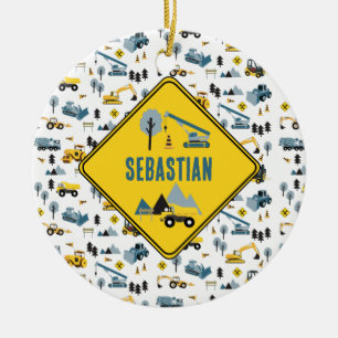 Blue Construction Trucks & Site Theme Pattern  Ceramic Tree Decoration