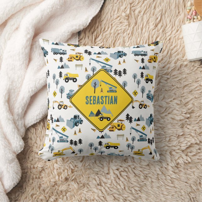 Blue Construction Trucks & Site Theme Pattern Cushion (Blanket)