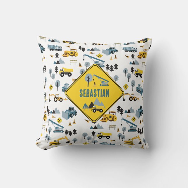 Blue Construction Trucks & Site Theme Pattern Cushion (Front)