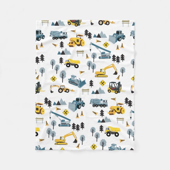 Blue Construction Trucks & Site Theme Pattern  Fleece Blanket (Front)