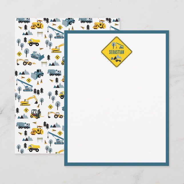 Blue Construction Trucks & Site Theme Pattern Kids Card (Front/Back)