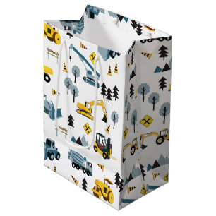 Blue Construction Trucks & Site Theme Pattern Medium Gift Bag