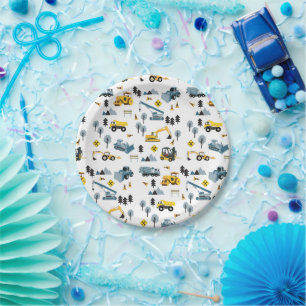 Blue Construction Trucks & Site Theme Pattern Paper Plate