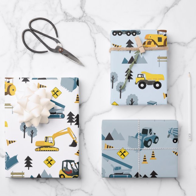 Blue Construction Trucks & Site Theme Pattern  Wrapping Paper Sheet (Front)