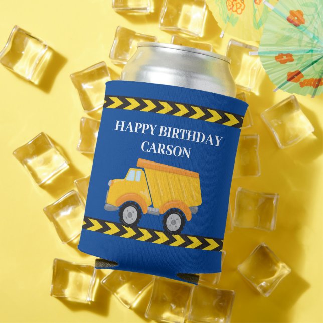 Blue Construction Vehicle Custom Birthday Party Can Cooler (In Situ Summer)