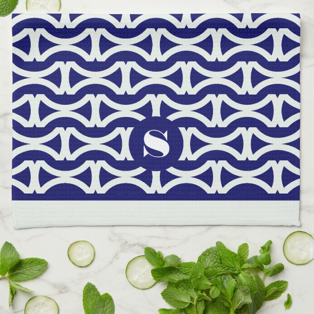 Blue Contemporary Geometric Pattern Monogram  Tea Towel (Folded)