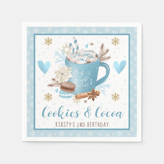 Blue Cookies & Cocoa 2nd Birthday Party Napkin (Front)