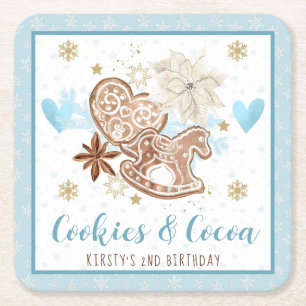 Blue Cookies & Cocoa 2nd Birthday Party Square Paper Coaster
