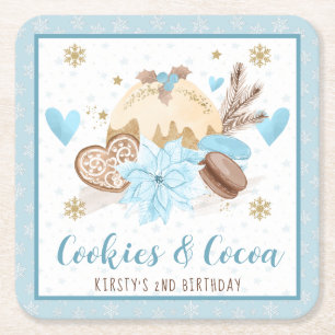 Blue Cookies & Cocoa 2nd Birthday Party Square Paper Coaster
