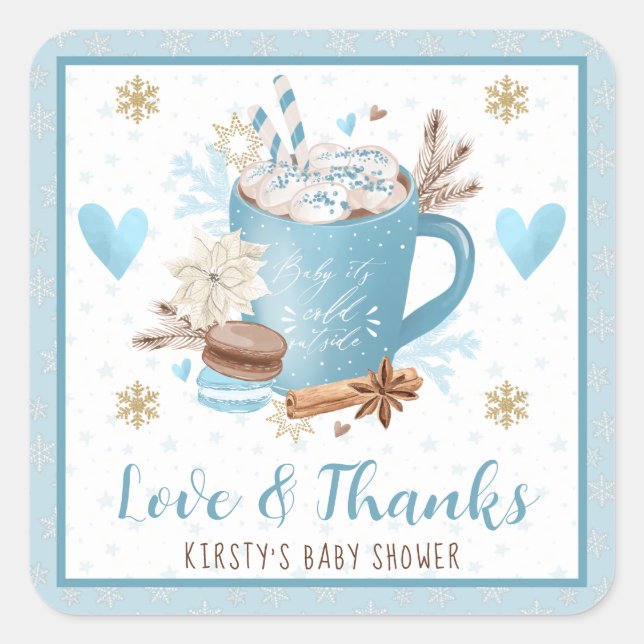 Blue Cookies & Cocoa Baby Shower Favor Square Sticker (Front)