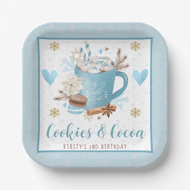 Blue Cookies & Cocoa Birthday Party Paper Plate (Front)
