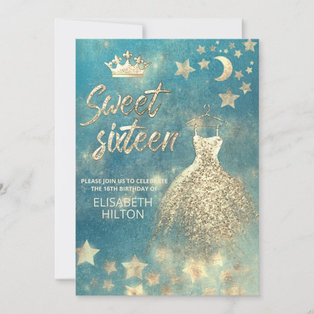 Blue cool celestial moon and stars  sweet sixteen invitation (Front)