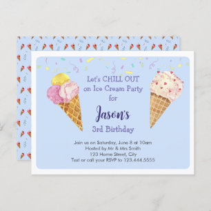 Blue Cool Ice Cream Kids Birthday Party Invitation Postcard
