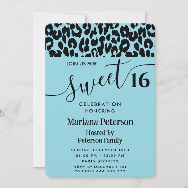Blue Cool Trendy attractive leopard sweet 16 Invitation (Front)