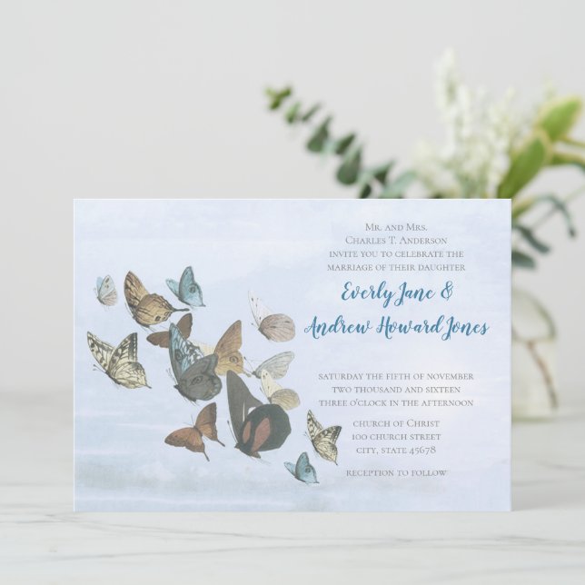 Blue Copper Gold Butterfly Wedding Invitation (Standing Front)
